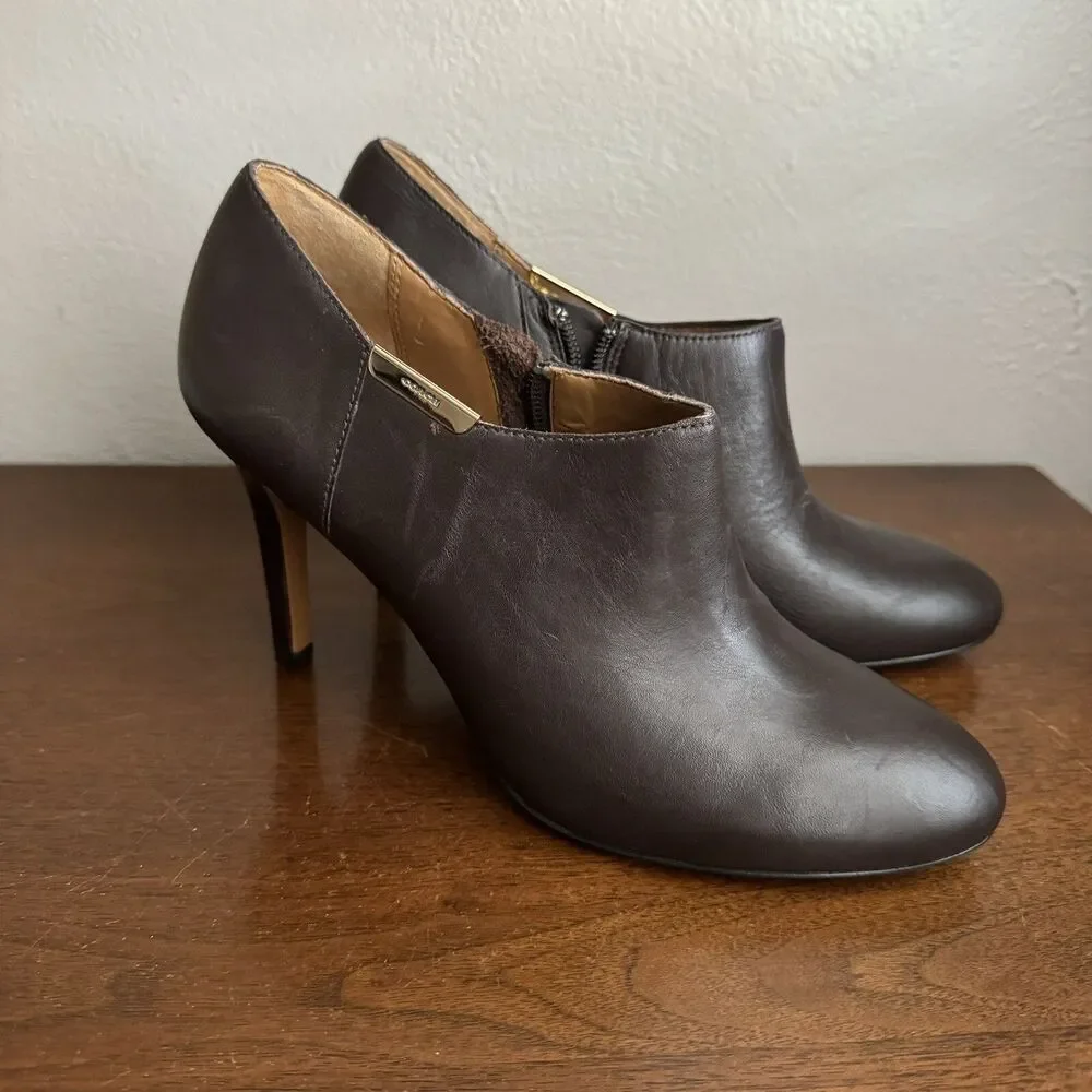 Coach Brown Leather Heels Side Zip Ankle Booties Sz 8.5 B